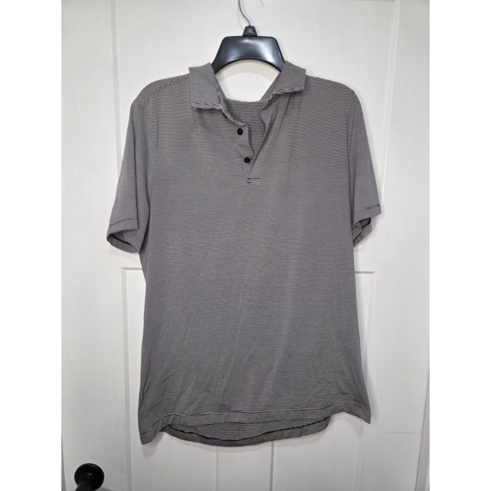 Lululemon Evolution Polo Shirt Mens Black White Micro Stripe‎ Short Sleeve Logo